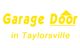 Yellow text: "Garage Door in Taylorsville" with a roof graphic above "Door."