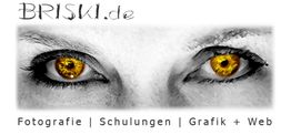 Nahaufnahme von Augen mit gelben Iris. Oben "BRISKI.de", unten "Fotografie, Schulungen, Grafik + Web".