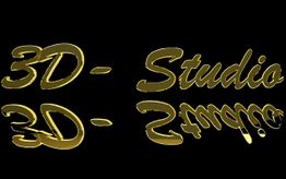 Goldener Schriftzug "3D-Studio" mit Reflexion auf schwarzem Hintergrund.