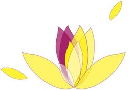 Abstrakte Blume mit gelben und violetten Blütenblättern auf weißem Hintergrund.