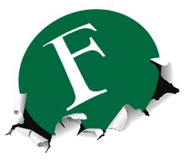 Cerchio verde con una "F" bianca su sfondo strappato.