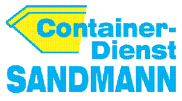 Logo mit Text: Container-Dienst SANDMANN in blauer Schrift und gelbem Container-Design.