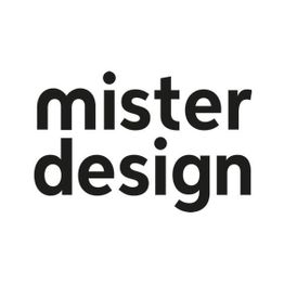 Zwart-wit logo met de tekst "mister design" in kleine letters.