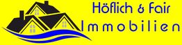 Logo mit gelbem Hintergrund, drei schwarze Häuser und blauer Schrift: "Höflich & Fair Immobilien".