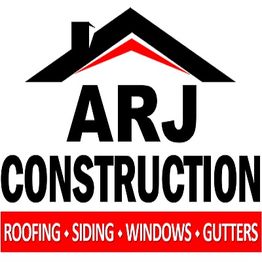 ARJ Construction logo with roofing, siding, windows, gutters text under a house silhouette.