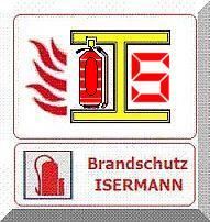 Logo mit Feuerlöscher und Flammen, Text: "Brandschutz ISERMANN".