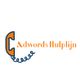 Telefoonhoorn met tekst "Adwords Hulplijn" in oranje letters naast een gedraaide kabel.