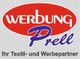 Logo mit rotem Oval und Text: "WERBUNG Prell. Ihr Textil- und Werbepartner."