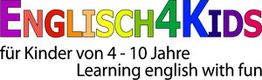 Buntes "Englisch4Kids"-Logo für Kinder von 4-10 Jahren, mit dem Slogan "Learning English with fun".