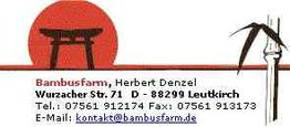 Visitenkarte mit Bambus, roter Sonne, Torii-Tor und Kontaktdaten der Bambusfarm in Leutkirch.