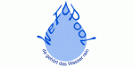 Blaues Wassertropfen-Logo mit Schriftzug "Wetapool" und Slogan "Es gehört dem Wasser rein".