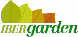 Logotipo de hojas de colores detrás del texto "IBER garden" en tonos verdes y marrones.