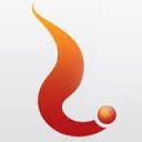 Ícono de diseño abstracto en rojo y naranja con forma curva y esfera, fondo blanco.