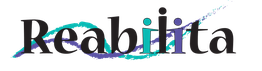 Logo con la scritta "Reabilita" e un disegno astratto verde e viola sullo sfondo.