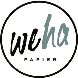 Logo mit Schriftzug "we ha PAPIER" in schwarzem und türkisblauem Kreis.