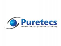 Logo von Puretecs: Blauer Globus mit Kreisen, Text "Industrielle Reinigung und Veredelung".