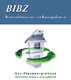 BIBZ-Logo mit einem Modellhaus und grünem Pfeil. Text: „Das Plusenergiehaus – innovativ, kreativ“.