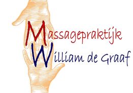 Handen met tekst "Massagepraktijk William de Graaf" in rood en blauw.