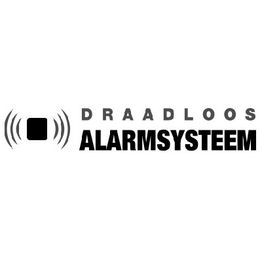 Logo van een draadloos alarmsysteem met een vierkant icoon en stralen aan beide zijden.