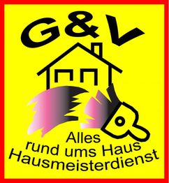 "G&V-Logo, Haus-Symbol und Pinsel, Text: Alles rund ums Haus, Hausmeisterdienst."