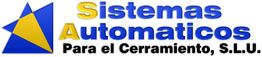 Logotipo con texto: "Sistemas Automaticos Para el Cerramiento, S.L.U." y diseño de triángulos.