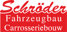 Schriftzug "Schröder Fahrzeugbau Carrosseriebouw" in roter Farbe auf weißem Hintergrund.