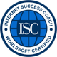 ISC-Logo mit der Aufschrift: "Internet Success Coach, Worldsoft Certified", blauer Globus.