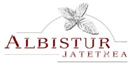 Logo de Albistur Jatetxea con hojas decorativas en la parte superior.