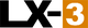 Schwarzes LX-3-Logo auf weißem Hintergrund mit orangem Quadrat rechts.