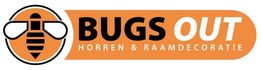 Logo van "Bugs Out" met een bij-icoon, tekst: "Horren & Raamdecoratie" in zwart en oranje.