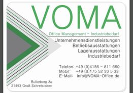 Geschäftskarte von VOMA für Unternehmensdienstleistungen und Industriebereich mit Kontaktdaten.