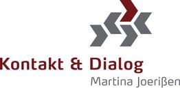 Logo mit stilisiertem Pfeil und Text "Kontakt & Dialog, Martina Joerißen".