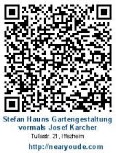 QR-Code mit Text: Stefan Hauns Gartengestaltung, Tulastr. 21, Iffezheim, http://nearyoude.com.