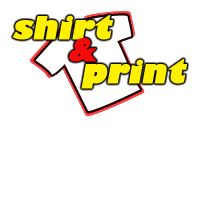 Illustration eines T-Shirts mit den Worten "shirt & print" in gelber und roter Schrift.