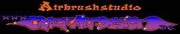 Farbenfrohes Airbrushstudio-Logo mit den Worten "Crazy Art Design" auf schwarzem Hintergrund.