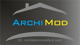 Logo von ArchiMod mit Slogan "3D - Architekturmodelle & mehr" auf grauem Hintergrund.
