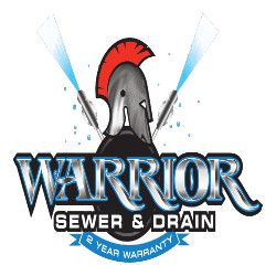 Warrior Sewer & Drain logo with helmet, water jets, and a 2-year warranty banner.