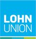 Blaues Logo mit weißem Text "LOHN UNION" und buntem Balken unten.