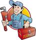 Cartoon plumber holding a wrench and toolbox, wearing blue overalls and a cap.