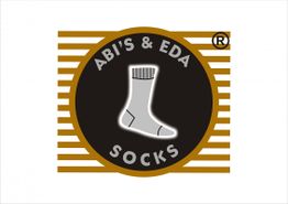 Logo mit einer Socke und dem Text "Abi's & Eda Socks", umgeben von Streifen.