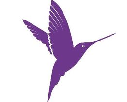 Lila Silhouette eines fliegenden Kolibris auf weißem Hintergrund.