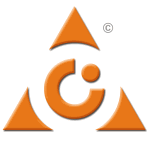 Orange-weißes Logo mit Dreiecken und Kreis auf weißem Hintergrund.
