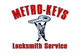 Logo of Metro-Keys Locksmith Service with a figure holding a large key above its head.