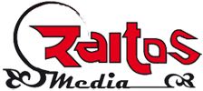 Logo mit dem Text "Raitos Media" in stilisierter roter Schrift und dekorativen Elementen.
