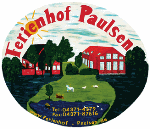 Illustration eines Bauernhofs mit Wiese und Teich, Schriftzug "Ferienhof Paulsen".