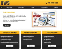 Website-Design mit Angeboten für Webentwicklung, SEO und Webdesign, Menü oben und Details unten.