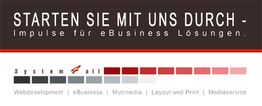 "Werbetafel mit Slogan: 'Starten Sie mit uns durch - Impulse für eBusiness Lösungen'."