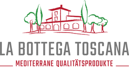 Zeichnung eines italienischen Gebäudes mit Bäumen. Text: La Bottega Toscana, Mediterrane Qualitätsprodukte.
