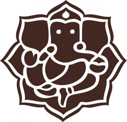 Stilisiertes Ganesha-Symbol in Braun, umrahmt von einer Lotusblume.