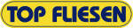 Gelbes Logo mit Aufschrift "Top Fliesen" in blauer Schrift und ovalem Rahmen.